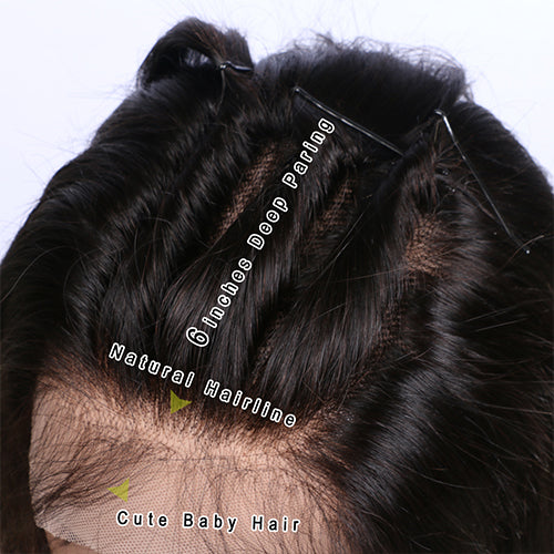 (Pre-Order) 13×6 lace frontal wig Natural Hairline Big Parting Brazilian Body Wave Human Hair