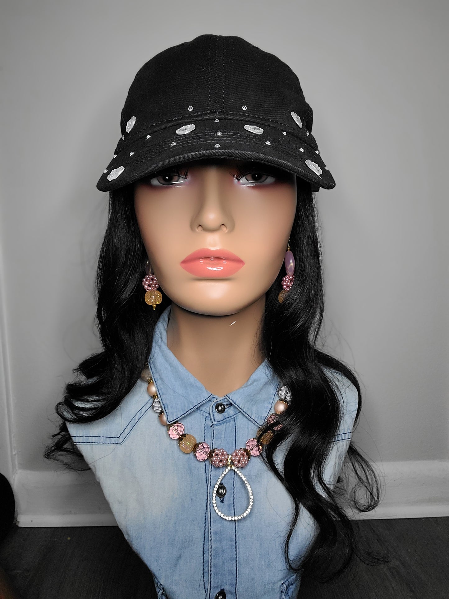 Black rhinestone Hat Wig
