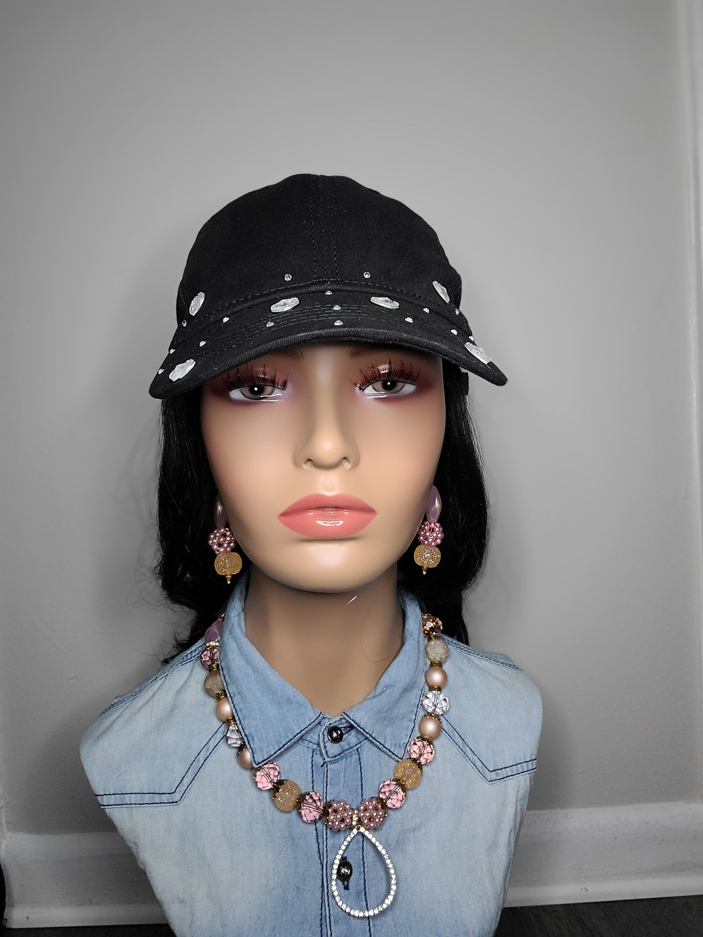 Black rhinestone Hat Wig