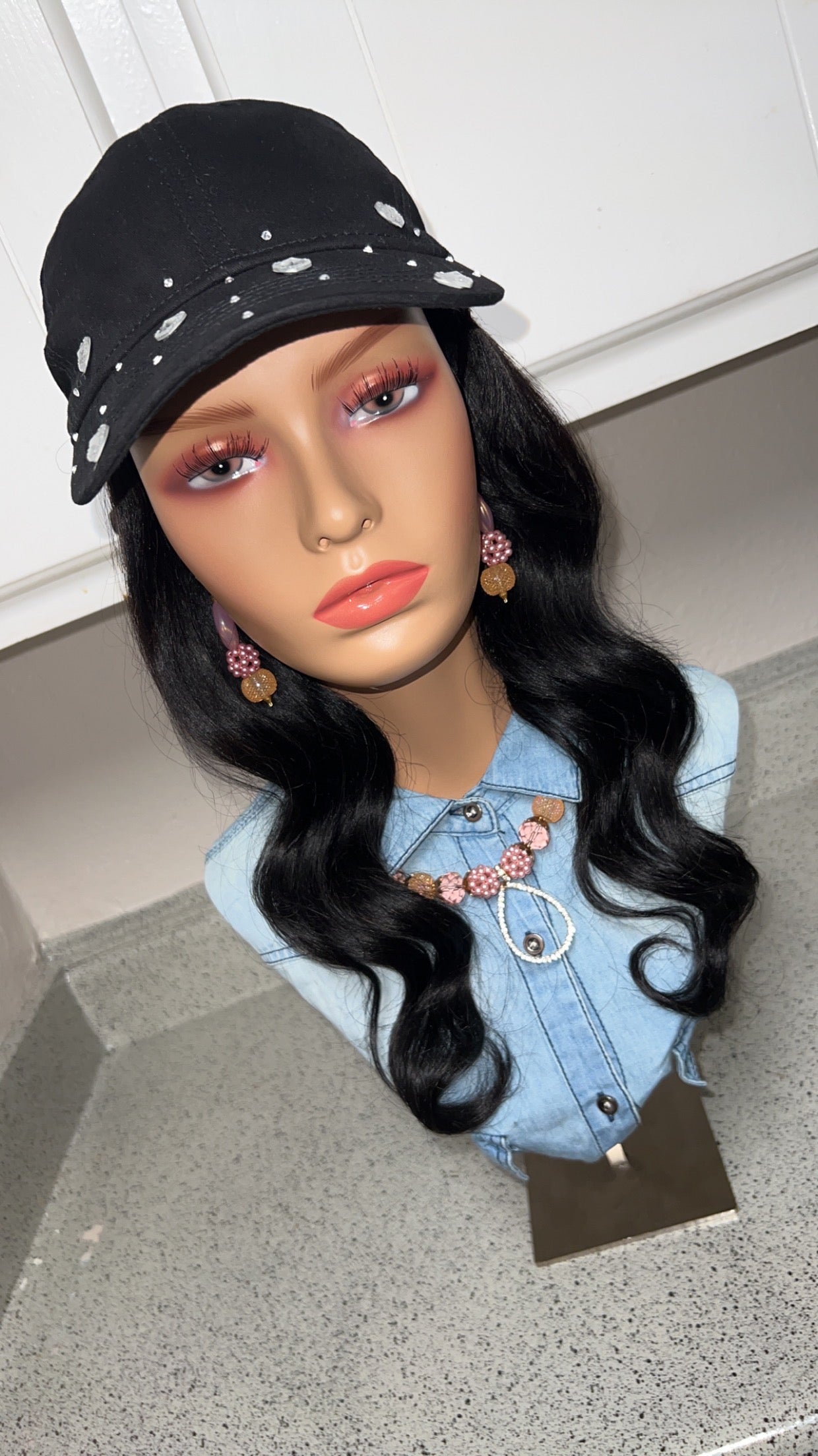 Black rhinestone Hat Wig